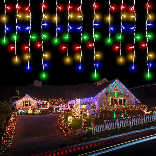 Outdoor icicle light string, 15m 600 LED light curtain with timer, IP44 waterproof, 8 modes for indoor and outdoor Christmas, bedroom, party, wedding, balcony, garden decoration.
