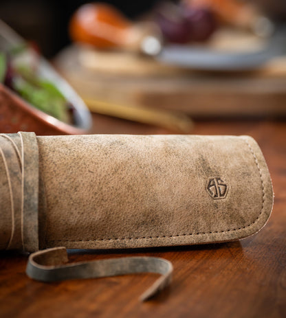 Angus Stoke knife bag Chef knives - Premium Leather Chef knife roll large - Knife bag for chefs - Chef bag Noah (Beige-Antique)