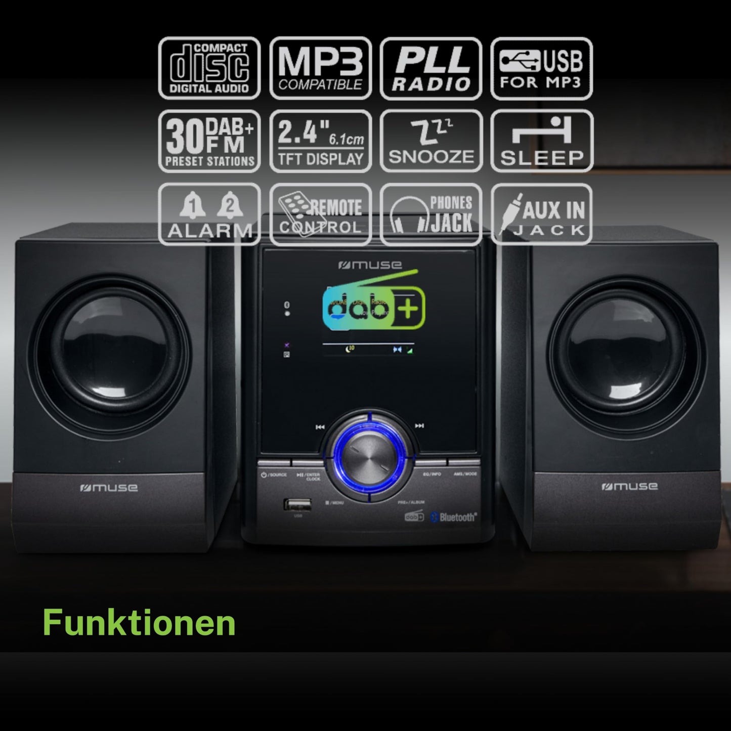 Muse stereo system, compact system with CD player & DAB radio, mini stereo system with 2 speakers, music system with FM/DAB/DAB+ digital radio, Bluetooth & AUX, MP3 & Spotify, compact music system.