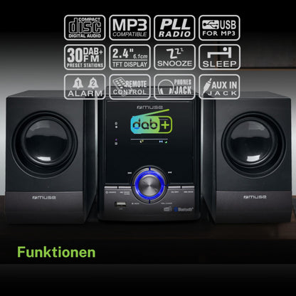 Muse stereo system, compact system with CD player & DAB radio, mini stereo system with 2 speakers, music system with FM/DAB/DAB+ digital radio, Bluetooth & AUX, MP3 & Spotify, compact music system.