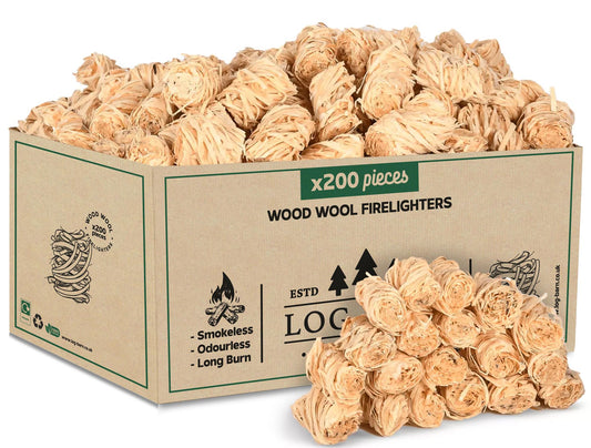 Log Barn Natural Firestarter - 200 Pieces, Eco-friendly Wood Wool Firelighters for Wood Stoves, Pizza Ovens, Open Fires, Fireplace Starters, and BBQ Starters - Genuine Log Barn Kindling (200 pieces)