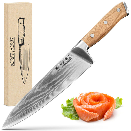 Moritz & Moritz Damascus knife 20 cm - Professional chef's knife made of 67 layers of Damascus steel - Sharp kitchen knife - Japanese chef's knife - Ergonomic handle made of acacia wood - Damascus knife steel