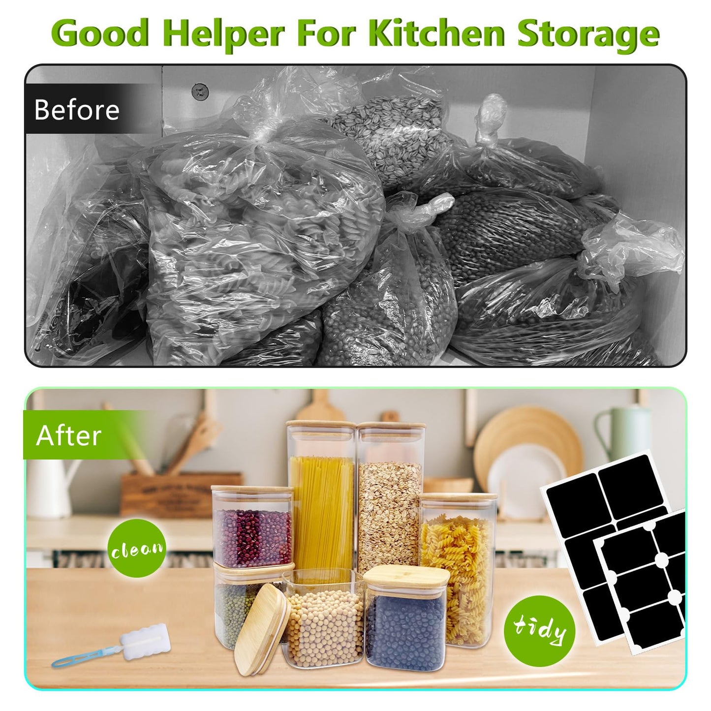 Withosent glass storage containers 7-piece set, 750ml/1500ml/2400ml storage jars with square lids, large glass container with wooden lid, kitchen storage jars for spaghetti, cereal, beans.