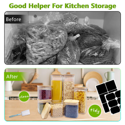 Withosent glass storage containers 7-piece set, 750ml/1500ml/2400ml storage jars with square lids, large glass container with wooden lid, kitchen storage jars for spaghetti, cereal, beans.