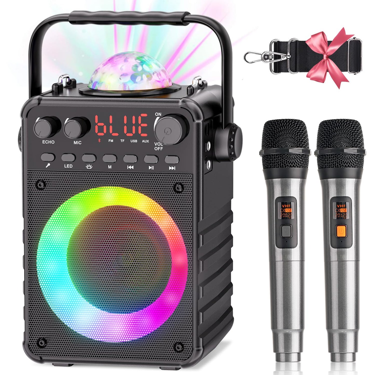 Karaoke machine with 2 microphones: [Upgrade 2024] Karaoke system with 2 microphones for adults kids - Portable Bluetooth party speaker with LED disco ball, supports AUX, USB, TF card, TV.