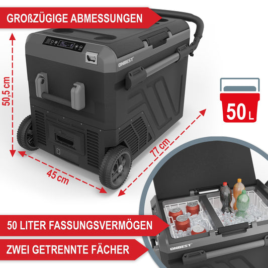 ONBEST Compressor Cooler Box 50L - Electric cooling and freezing box with telescopic handle - 12V/230V connection - Ideal for car, camping, and outdoor activities - Integrated accessories