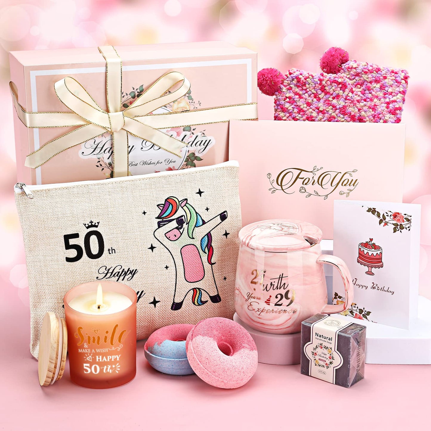 50th birthday women's birthday gift for women, 13oz coffee mugs cups scented candle bath bombs gift set women, birthday gift for mother wife sister best friend 50th birthday