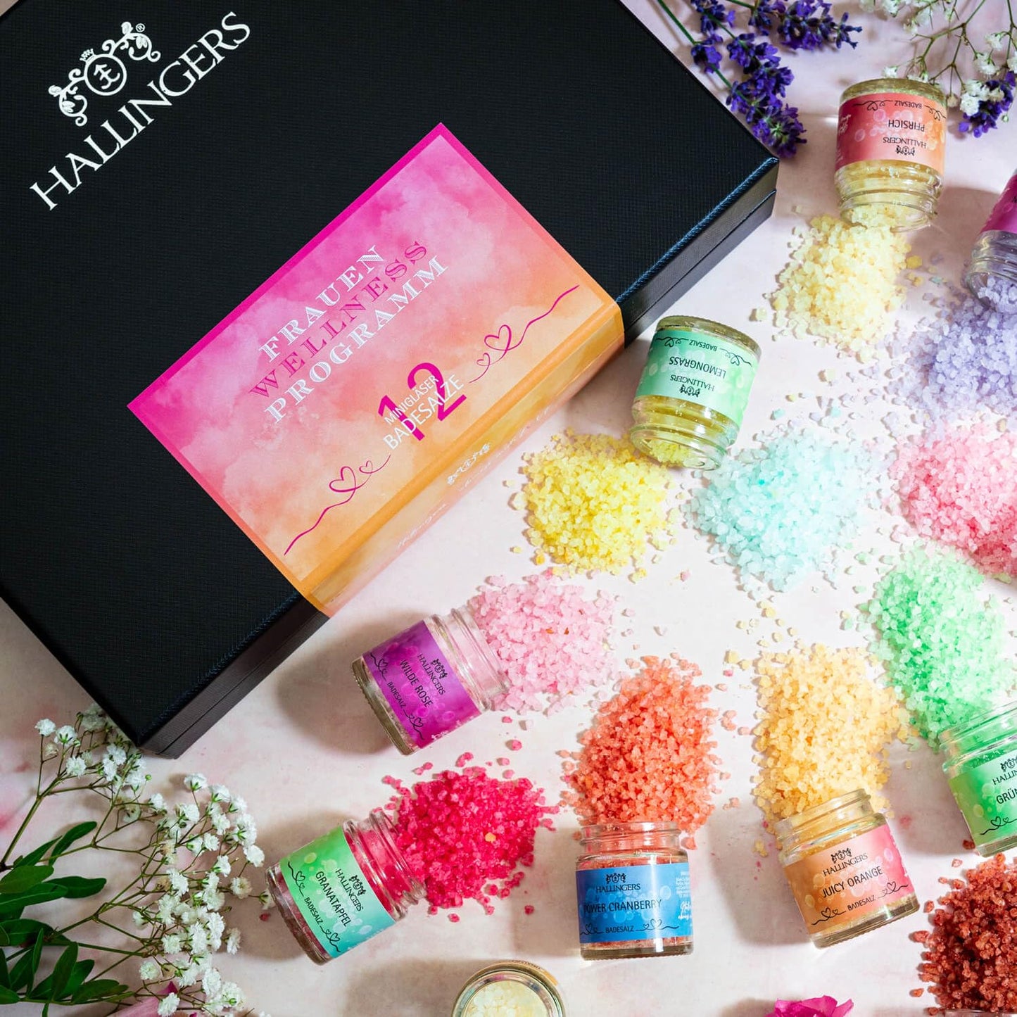 Hallinger's Women's Wellness Program - 12-pack bath salt gift set with Dead Sea salts - Christmas gift ideas & gifts Advent calendar | Congratulations New Home
