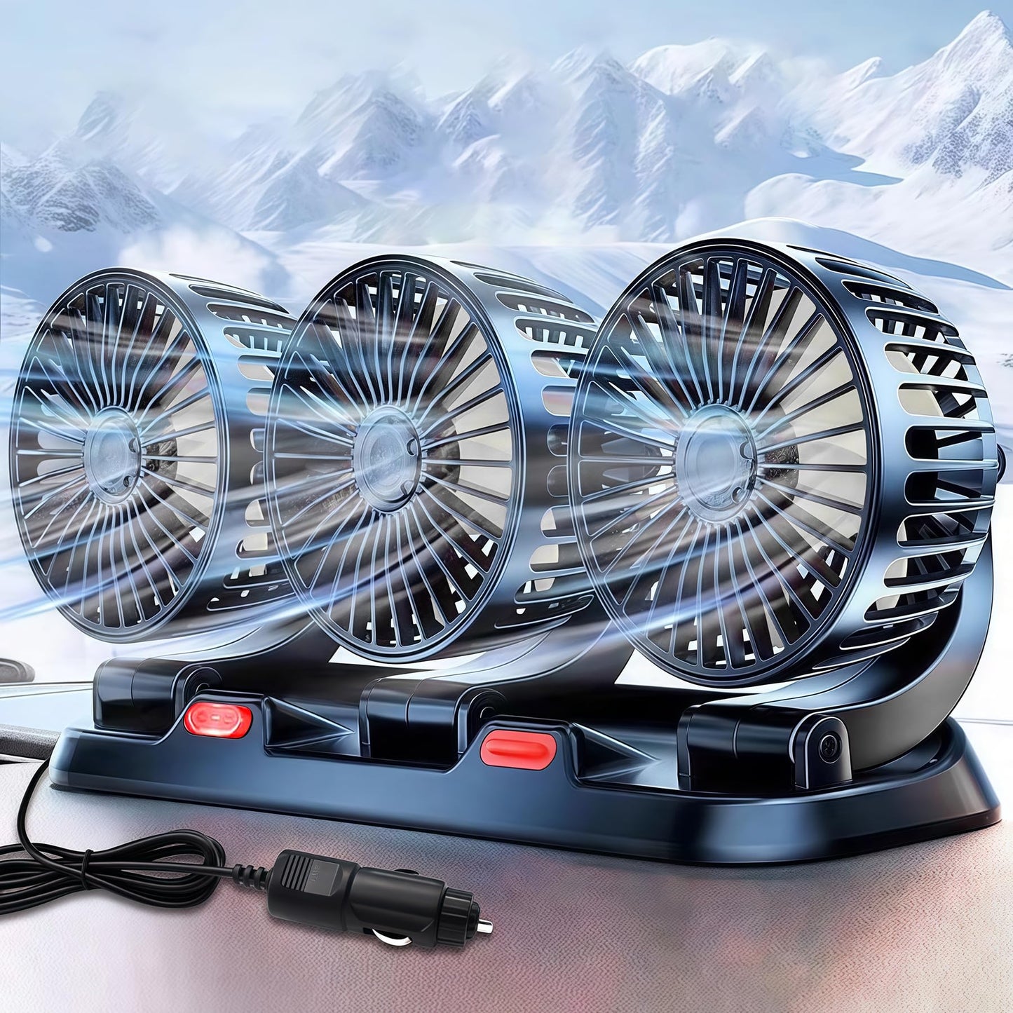 Shengruili Car Fan, 12V Three Heads Car Fan, 360° Rotatable Double Head Fan, Car Vehicle Fan, Car Fan, Car Fan for Backseat, RV, Trucks, SUVs