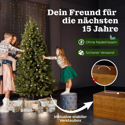 Artificial Christmas tree with lighting - [100% injection molding] - 210 cm high with 500 LEDs - lifelike fir tree - with integrated string lights - Christmas tree with stable metal stand