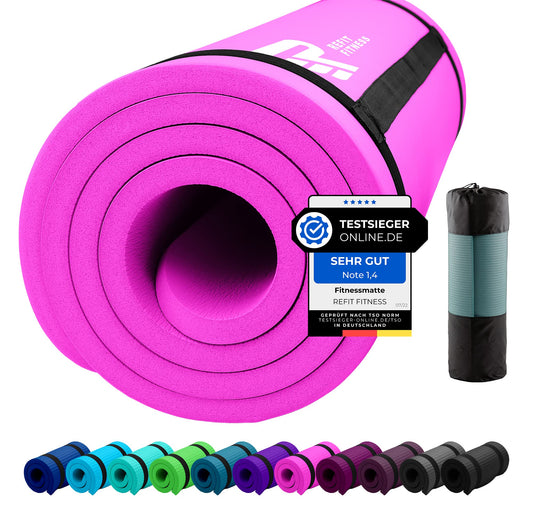 REFIT FITNESS Sport Mat Comfort-Max 190 x 60 x 1.5 cm Hot Pink Rose PainProtect SmartCell NBR Yoga Mat Non-Slip Carry Strap Exercise Mat for Sport Yoga Pilates Gymnastics