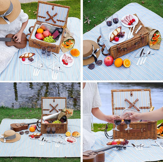 HappyPicnic Wicker Picnic Basket for 4 people, Willow Storage Hamper Service Gift Set for Camping and Outdoor Party (M for 2 Persons)