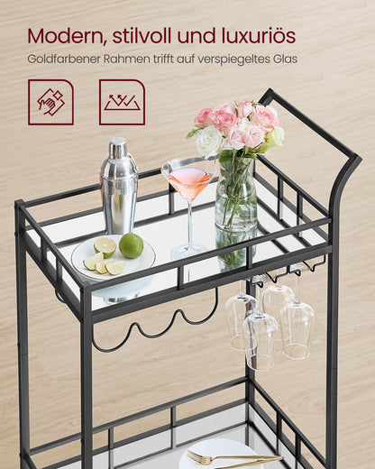 VASAGLE Bar Cart, Rolling Cart, Glass Holder, 2 Mirrored Glass Shelves, Wine Cart, for Kitchen, Dining Room, Bar, Black LRC092B62
