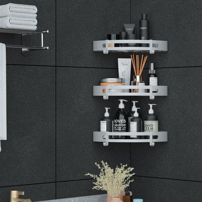 Yorbay shower shelf without drilling with mounting material, shower corner shelf without drilling, triangle bathroom shelf made of aluminum with hooks, bathroom shelf 3 piece set.
