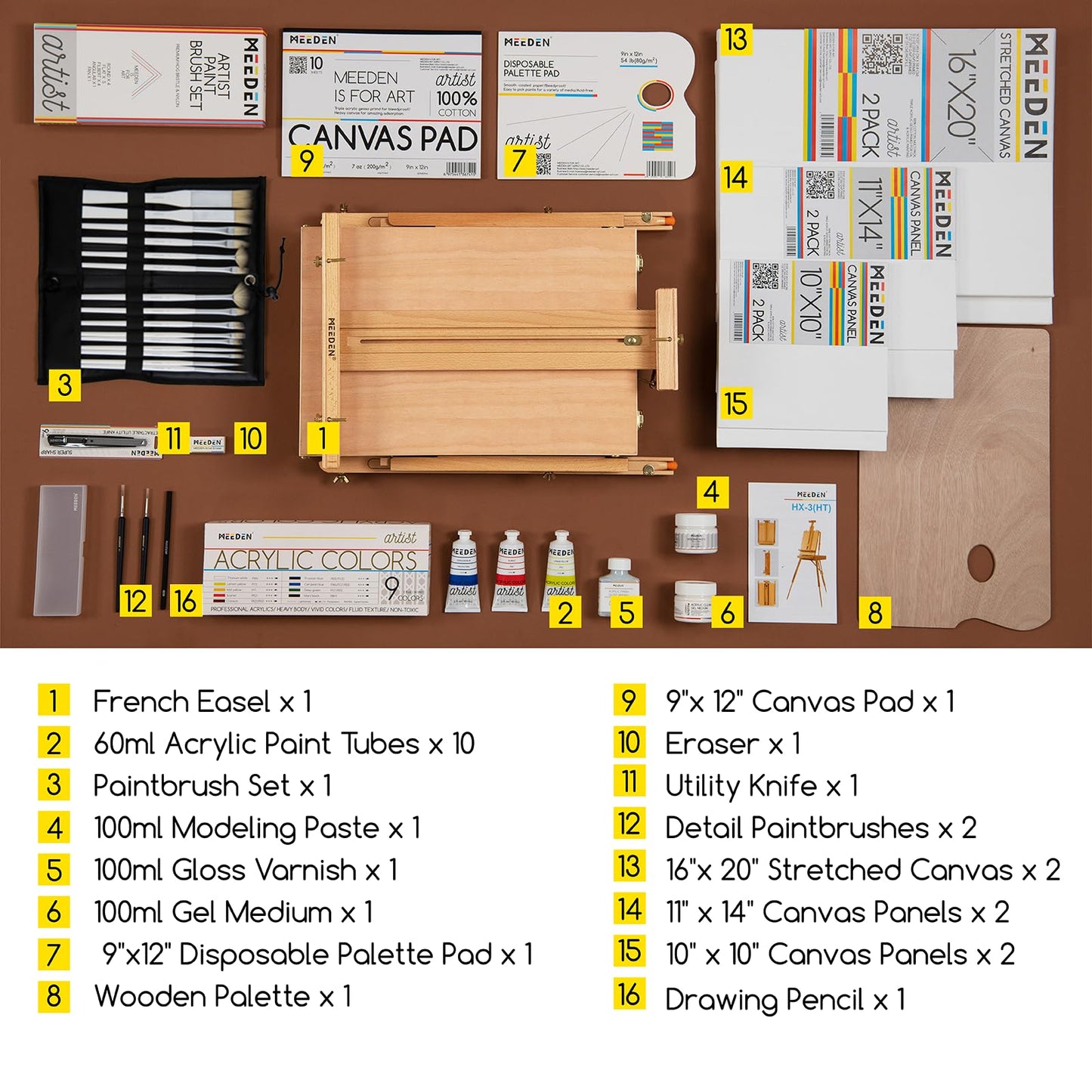 MEEDEN Wooden Easel, Large H-Frame Easel Set with Acrylic Paints, Brushes, Canvases, Palette, Tabletop Easel Canvas Stand for Artists and Adults, holds canvases up to 86cm.