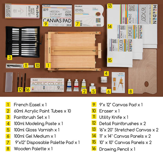 MEEDEN Wooden Easel, Large H-Frame Easel Set with Acrylic Paints, Brushes, Canvases, Palette, Tabletop Easel Canvas Stand for Artists and Adults, holds canvases up to 86cm.