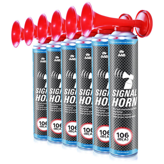 6 x AAB Signal Horn - Loud compressed air horn 106 dB(A), soccer fan merchandise with non-flammable gas, up to 320 short beeps, fanfare, gas horn, stadium signal horn, compressed air horn, air pressure horn