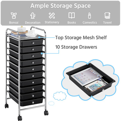 Yaheetech bathroom cart with 10 stackable drawers and metal frame. Bathroom trolley with shelves, 32×36.5×90.5 cm black.