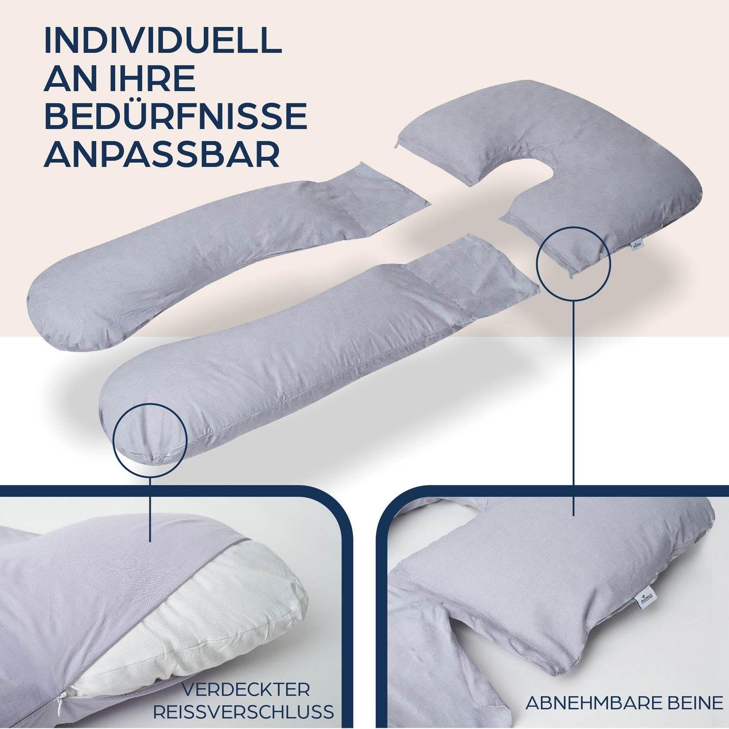 Niimo 4-in-1 U Pillow - Nursing Pillow, Pregnancy Pillow, Comfort Pillow & Side Sleeper Pillow with 100% Cotton Cover, Washable (Gray)