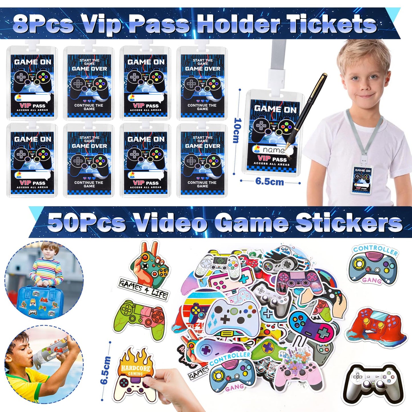 Video game party favors for kids' birthdays: straws, silicone bracelets, gift bags, stamps, gamer controller keychains, VIP pass stickers. Great giveaways for children!