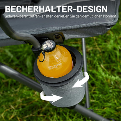 TIMBER RIDGE folding camping chair with high backrest, 150kg capacity, portable with drink holder, sturdy armrest. Perfect for picnics, garden, balcony, and sports events.