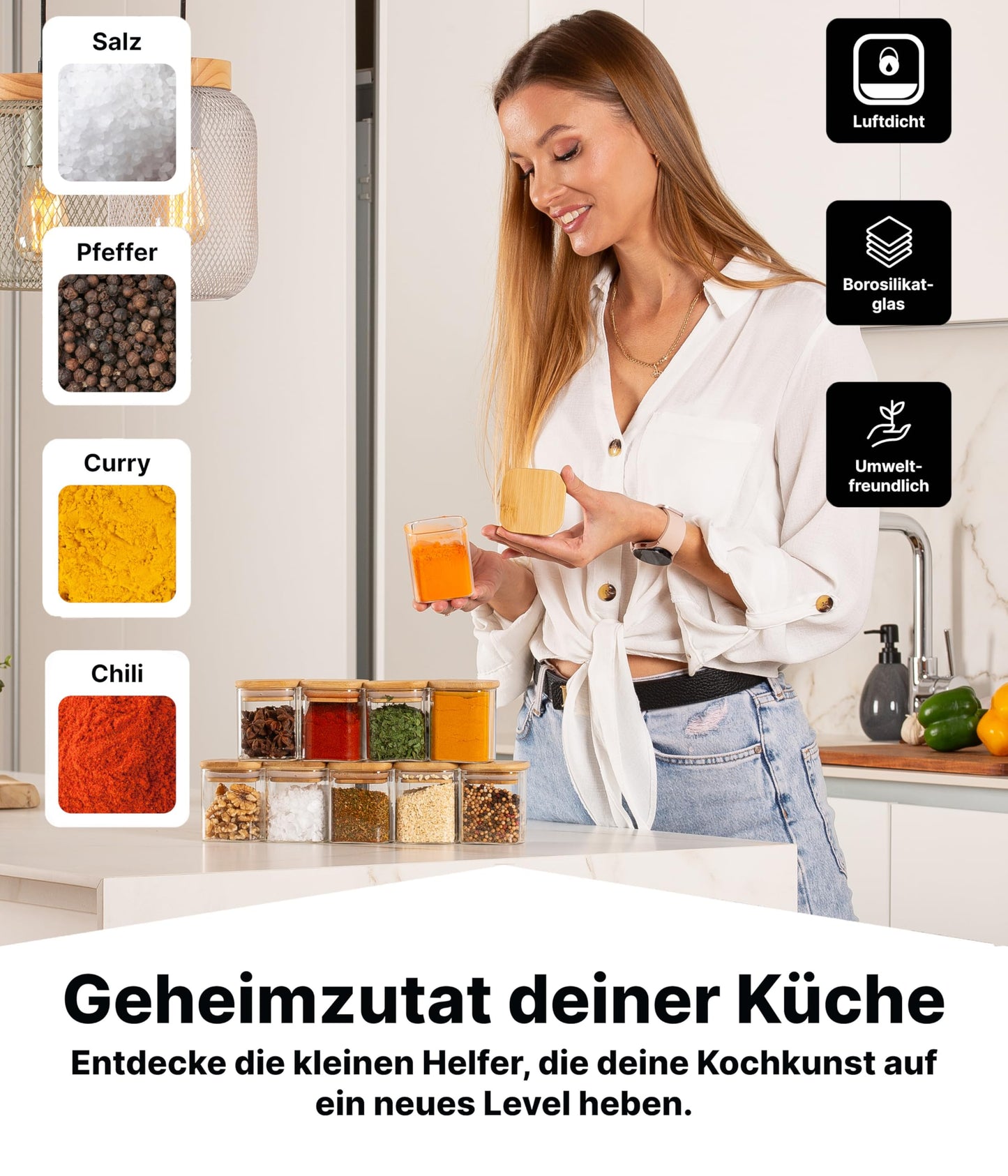 Deco House® square airtight spice jars with wooden lids 10-piece set [+labels] - Glass spice jar set - Spice containers spice jars set - Spice storage - Containers - Spice storage
