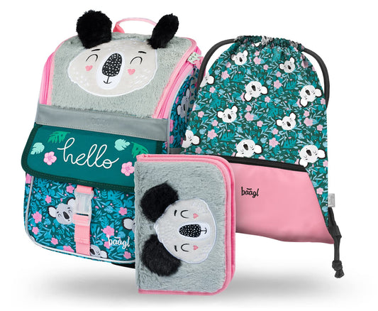 Baagl school bag set for girls, 3 pieces, Zippy school bag for 1st grade, primary school backpack with chest strap, ergonomic school backpack (Baby Koala)