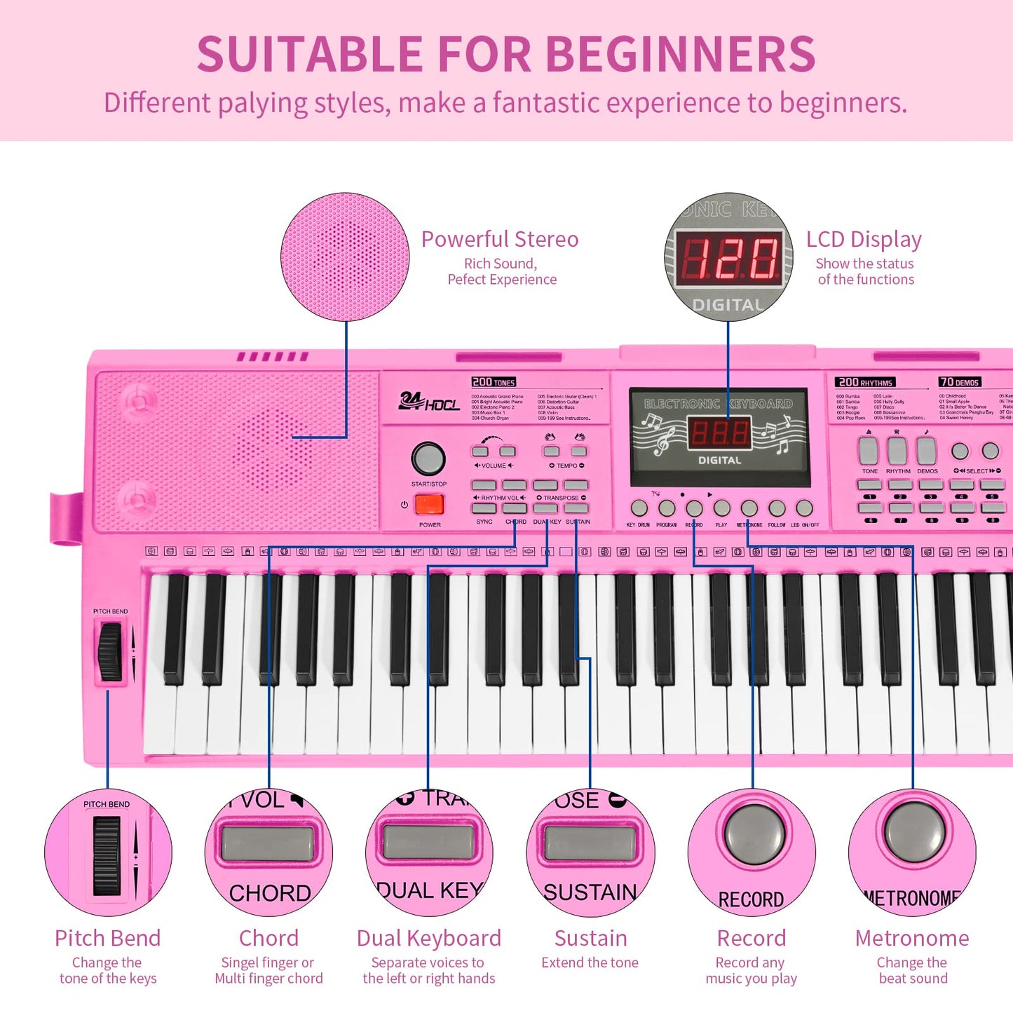 24HOCL Electric Pianos 61 Lighted Keys, Musical Digital Piano Keyboards 200 Rhythms LCD Screen for Kids Beginners Lighted Keys_2 Pink