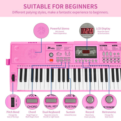24HOCL Electric Pianos 61 Lighted Keys, Musical Digital Piano Keyboards 200 Rhythms LCD Screen for Kids Beginners Lighted Keys_2 Pink