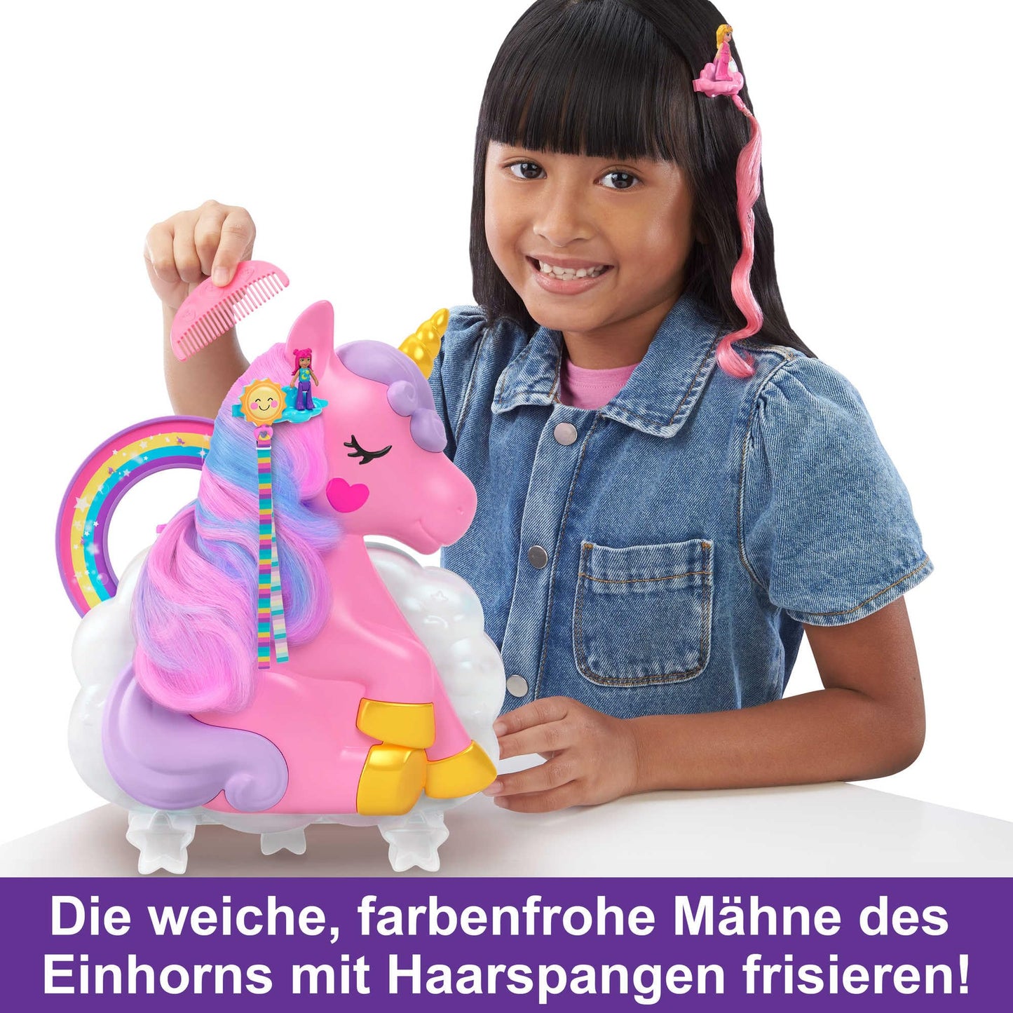 Polly Pocket HMX18 - Mini toy, Rainbow Unicorn Salon Styling Head and Compact Playset with 2 small dolls, 25 accessories, and movable game elements. Dolls toy for ages 4 and up.