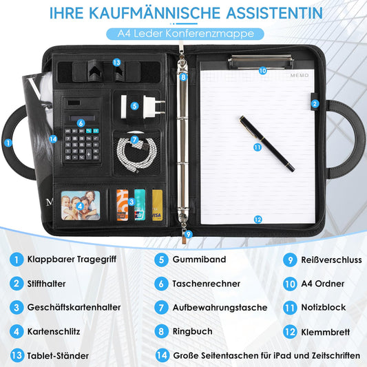 A4 writing case, A4 conference folder with phone holder, leather document folder with zipper, waterproof file folder with ring binder clipboard notepad, portfolio folder for business meeting, black.