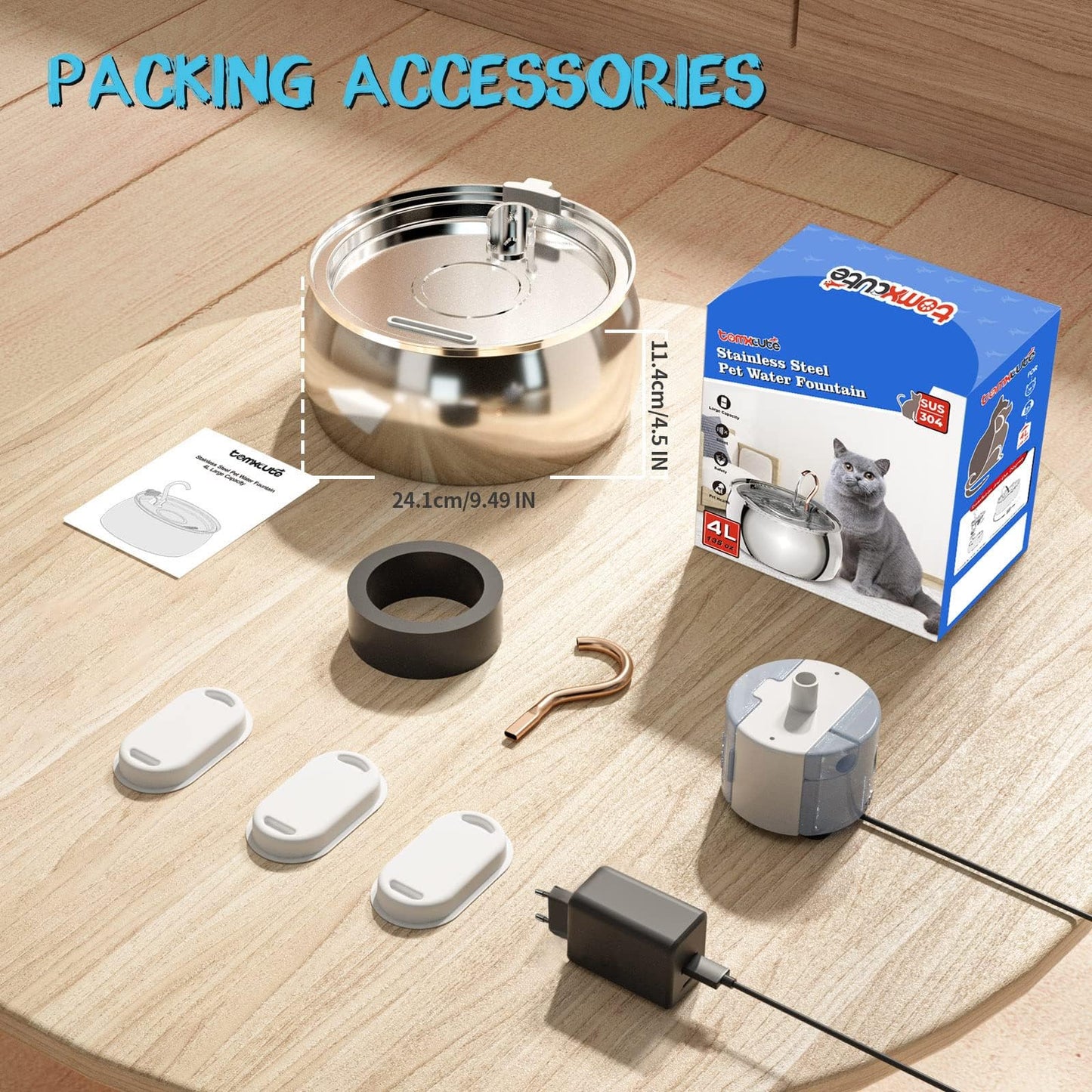 TOMXCUTE Cat Fountain 4L, stainless steel cat drinking fountain with swan-neck design, dishwasher safe, ultra-quiet cat water fountain with 3 charcoal filters, for families with multiple pets