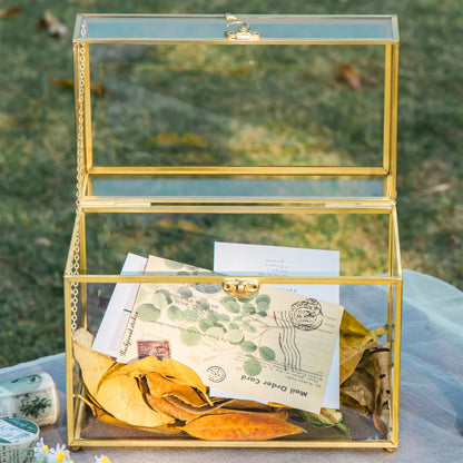 NCYP 25x14.2x19.6 cm Gold Glass Card Box, Handcrafted Brass Vintage Rectangular Shape with Base for Wedding Entries, Souvenirs, Tabletop Display (glass box only)