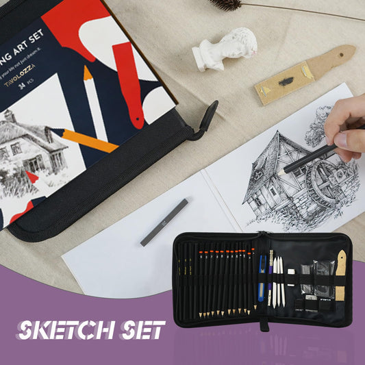 Palette Art Supplies 34-piece sketching pencils and drawing set in a carry bag - Includes pencils, charcoal pencils, erasers, and more accessories.