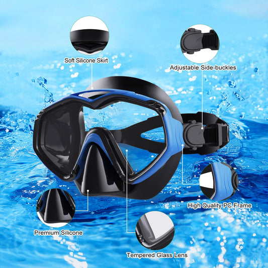 Adult Dorlle snorkel set includes premium dry snorkel and tempered glass diving mask, 180° panoramic view, anti-fog, anti-leak features for snorkeling and swimming. Comes with a carrying bag.