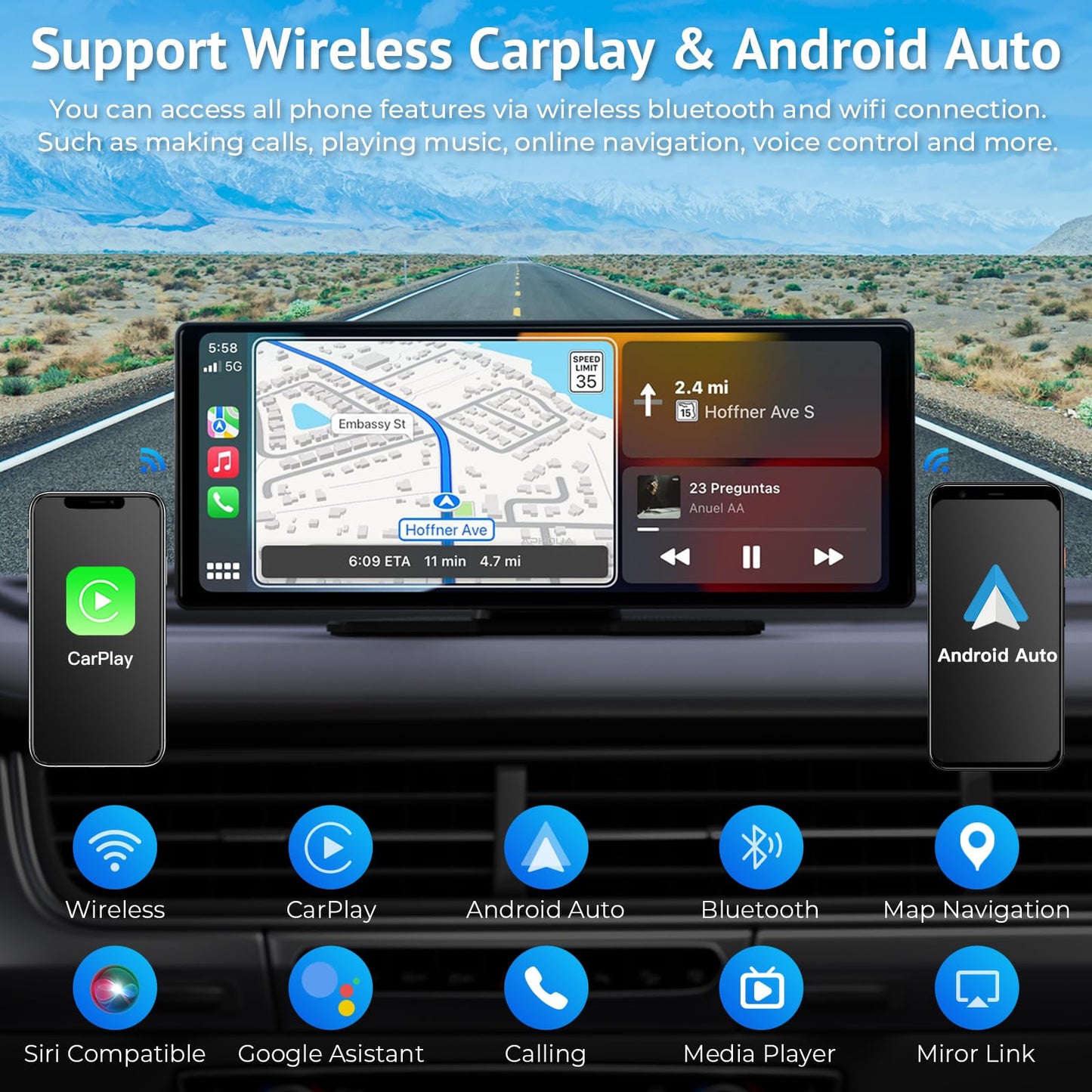 APHQUA Wireless CarPlay Display for Apple CarPlay and Android Auto, 9.3-inch portable light-sensitive touchscreen, digital media receiver with GPS navigation, Siri, MirrorLink/Siri/FM