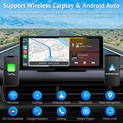 APHQUA Wireless CarPlay Display for Apple CarPlay and Android Auto, 9.3-inch portable light-sensitive touchscreen, digital media receiver with GPS navigation, Siri, MirrorLink/Siri/FM