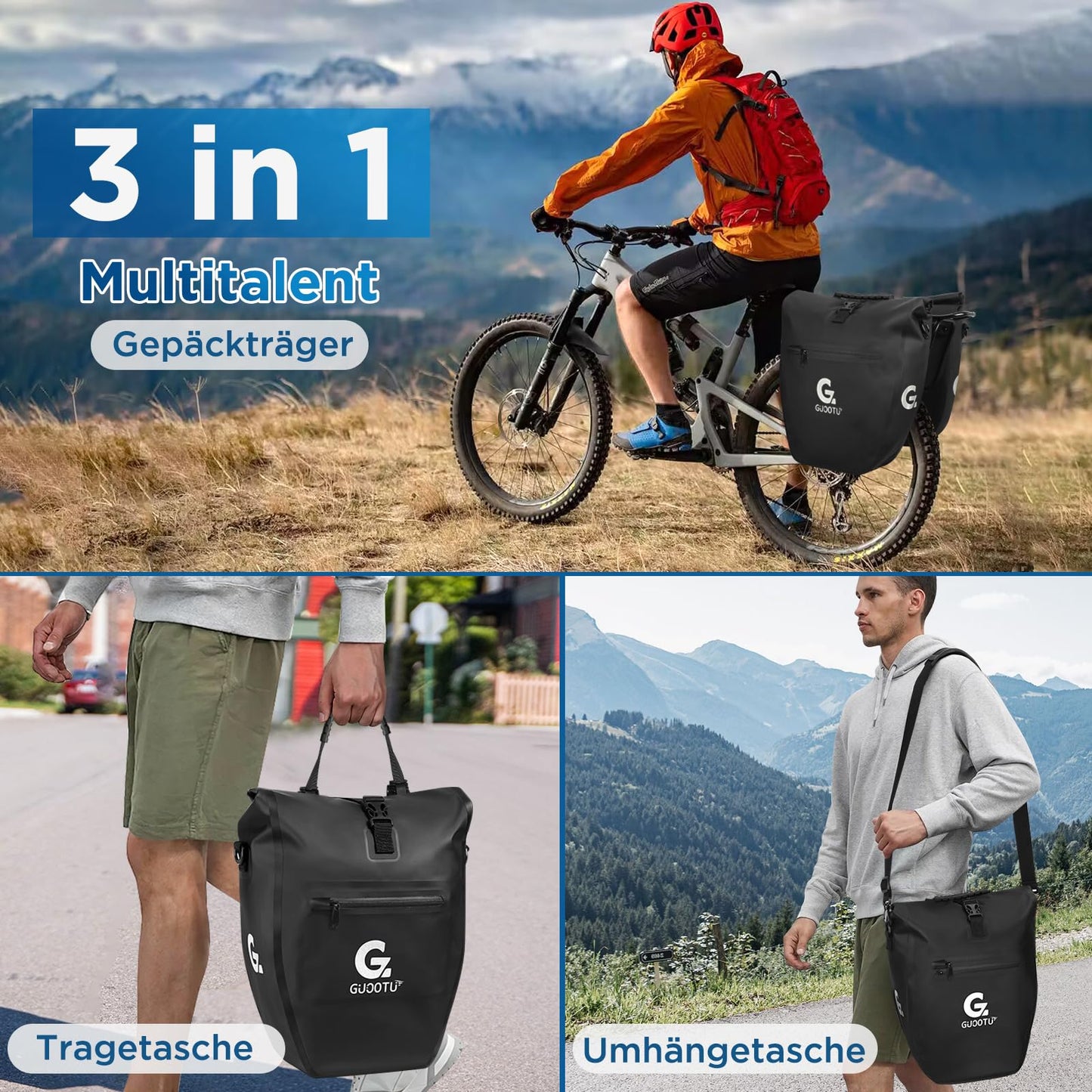 GUOOTU bike bag for rear carrier 32L, made of tarpaulin Rear luggage carrier bag with reflectors, with carrying handle and shoulder strap (Black 32L, Single)