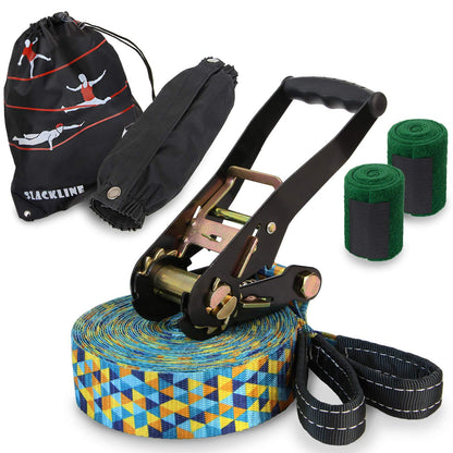ALPIDEX Slackline Set 15 m + tree protection and ratchet protector, suitable for children, beginners, and advanced users. 7 years warranty on materials*