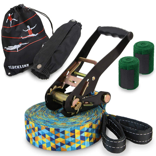 ALPIDEX Slackline Set 15 m + tree protection and ratchet protector, suitable for children, beginners, and advanced users. 7 years warranty on materials*