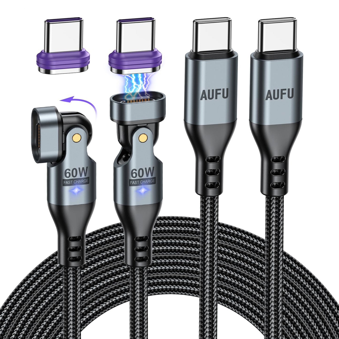 AUFU 60W Magnetic USB C Charging Cable, 16 PIN USB C Magnetic Charging Cable [2 Pack 2M], Magnetic Cable 20V/3A Fast Charging and Data Transfer Magnetic 180° Rotatable for iPhone 16 15/Galaxy Samsung S23