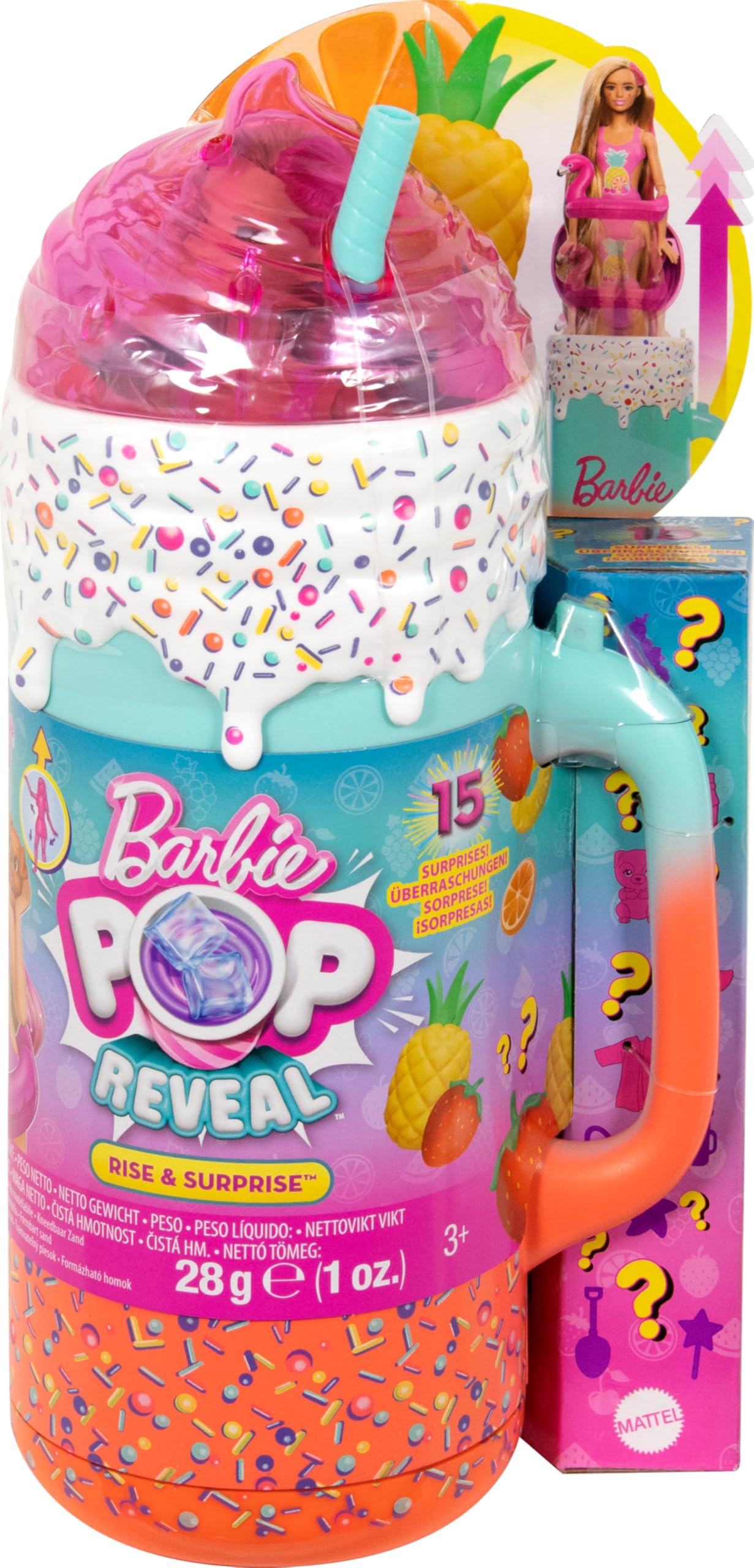 BARBIE Pop Reveal Rise & Surprise Gift Set - includes over 15 surprises, 1 Barbie doll, beach accessories, for fruity-fun playtime, for kids ages 3+, HRK57