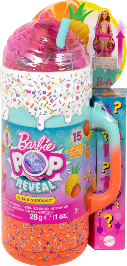 BARBIE Pop Reveal Rise & Surprise Gift Set - includes over 15 surprises, 1 Barbie doll, beach accessories, for fruity-fun playtime, for kids ages 3+, HRK57