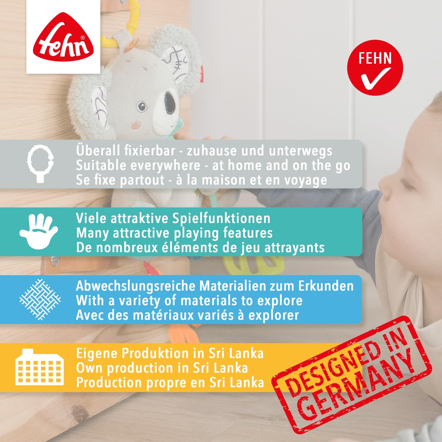 Fehn Activity Octopus Toy - Baby motor skills toy for strollers, cribs, and car seats for biting, grabbing, and making noise - Teething toy for babies and children aged 0+ months.