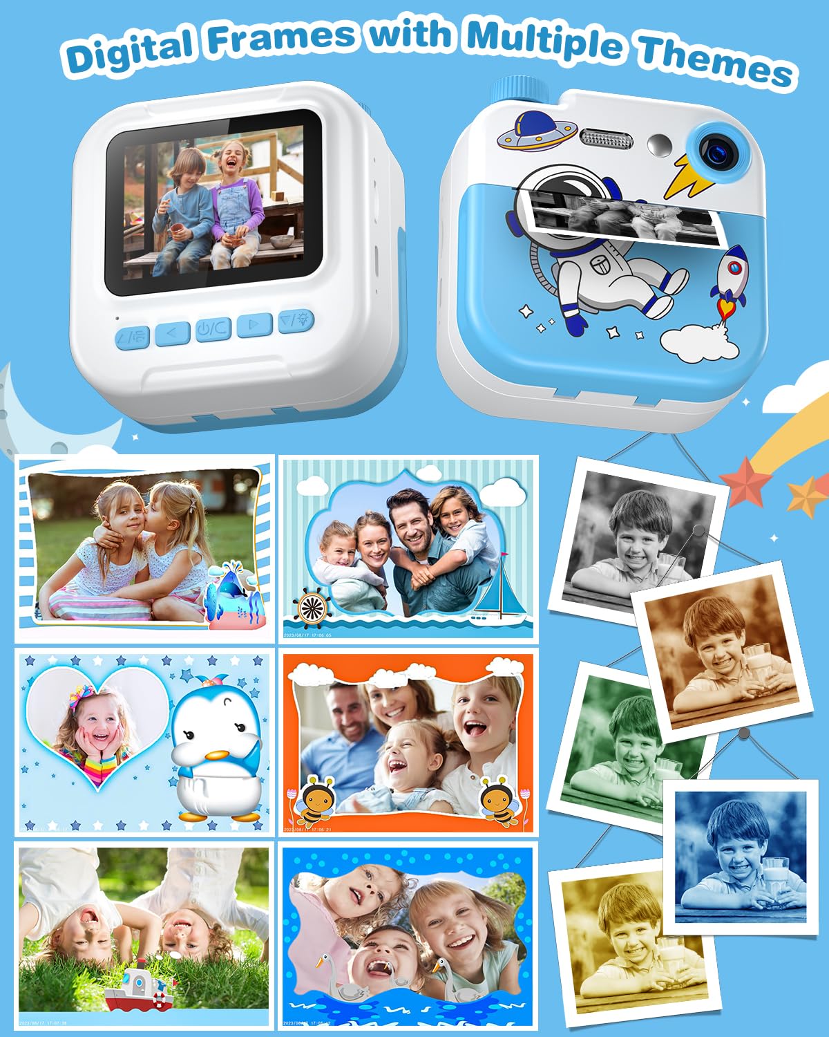 GREENKINDER Instant Camera for Kids, 2.4 Inch Screen Kids Camera with 32G Card & Printing Paper & Colorful Pens, Instant Camera Black and White Photo Camera, Gift for Kids 3-12 Years