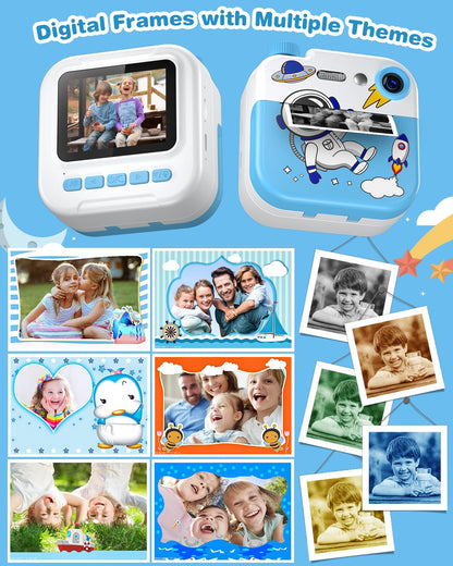 GREENKINDER Instant Camera for Kids, 2.4 Inch Screen Kids Camera with 32G Card & Printing Paper & Colorful Pens, Instant Camera Black and White Photo Camera, Gift for Kids 3-12 Years