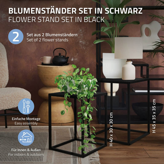 ML-Design Flower Stand 2-piece Set in Black made of metal, 30x40x30 cm/35x45x35 cm, square Flower Stool Plant Stand Plant Stool Nesting Table Plant Table Decor Side Table Coffee Table Living Room Table