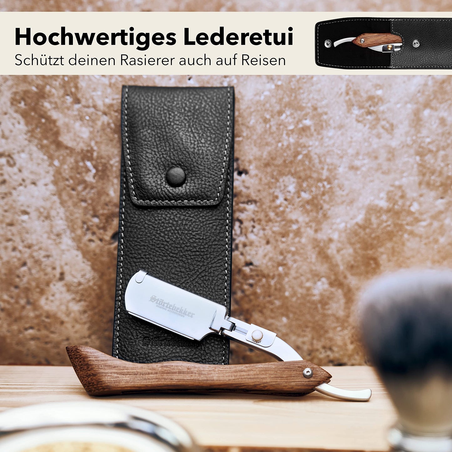 Störtebekker® premium straight razor with wooden handle in handmade leather case (black) including alum stick & shaving guide [+ 10 blades] - gift idea - straight razor set - wet shaving set - shaving kit