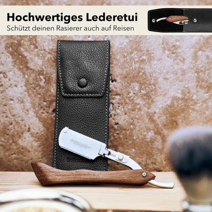 Störtebekker® premium straight razor with wooden handle in handmade leather case (black) including alum stick & shaving guide [+ 10 blades] - gift idea - straight razor set - wet shaving set - shaving kit