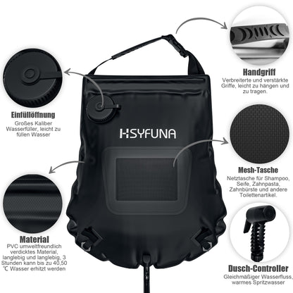 HSYFUNA Camping Shower, 5 Gallons/20L with Temperature Display Solar Shower Camping, Hot Water 45°C Camping Shower Outdoor, for Hiking Climbing